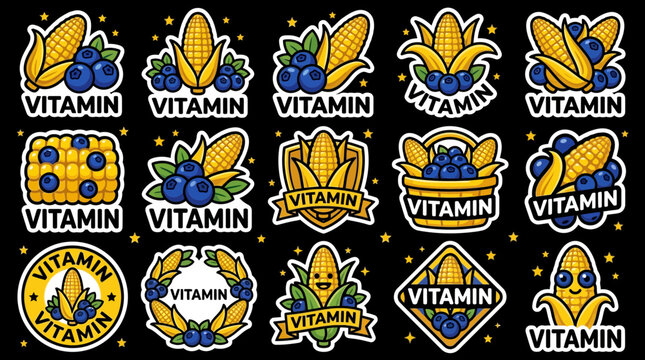 Cartoon corn and blueberry vitamin nutrition sticker collection