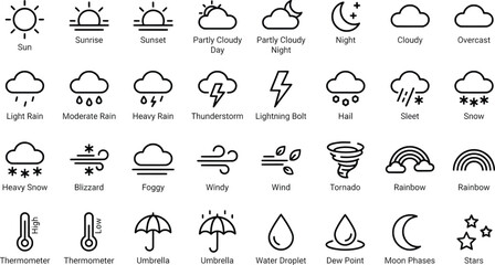 Fototapeta premium Minimalist weather icon set, 32 outline meteorology symbols, black line art weather forecast elements for mobile apps and web design