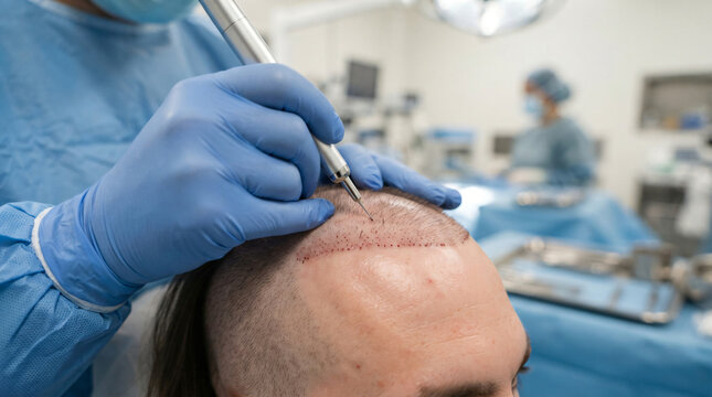 Commercial stock photo of a surgeon using a silver DHI implanter pen tool to place a hair graft. Close-up of modern direct hair implantation procedure on a clean receding hairline area.