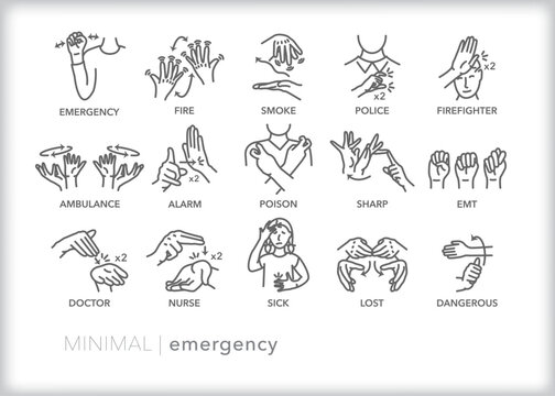 Set of 15 American Sign Language (ASL) icons showing how to sign words or phrases relating to emergency situations and first responders