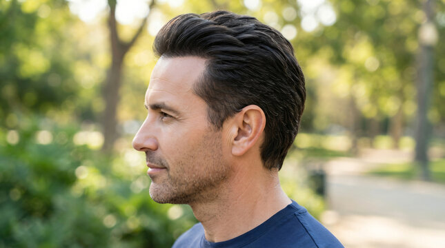 Professional stock photo of a confident man with a thick dense natural new hairline after six months. Close-up profile view of successful hair transplant surgery result with blurry park background.