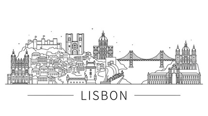 Obraz premium Lisbon city skyline line art illustration.
