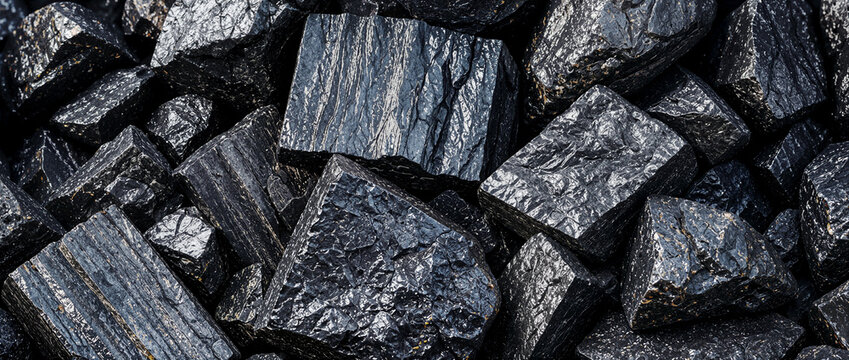 Raw Rough Black Tourmaline Crystals and Anthracite Coal Minerals Texture - Natural Dark Shiny Geology Stone and Healing Gemstone Background