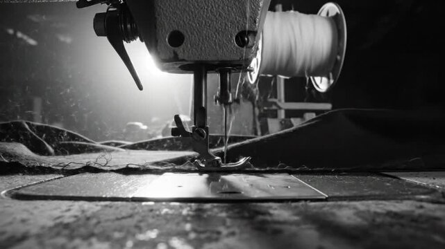 Black and white close-up of a sewing machine stitching fabric in a dimly lit workshop with illuminated thread spool