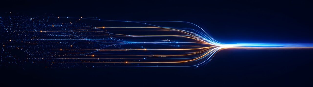 Glowing blue and orange fiber optic light trails and data streams converging on dark background representing high speed internet connection and digital information transfer