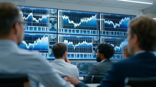 Traders analyze complex stock market data on multiple screens in a trading room