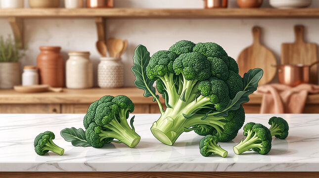 Brocolis frais entiers et coup&eacute;s sur un plan de cuisine en illustration