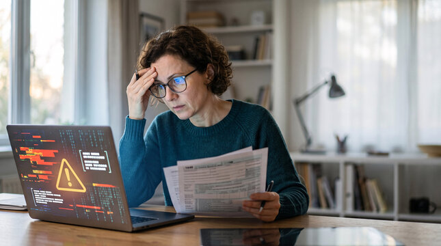Femme inqui&egrave;te face &agrave; une alerte de s&eacute;curit&eacute; informatique en v&eacute;rifiant des documents
