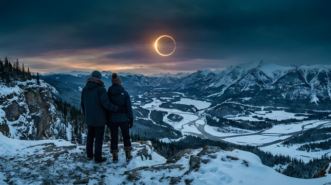 Couple watching solar eclipse on snowy mountain peak