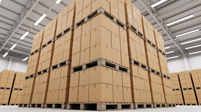 Palettes de cartons empil&eacute;es dans un grand entrep&ocirc;t logistique