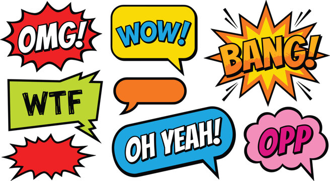 Pop Art Comic Book Speech Bubble and Empty Cloud Sticker Vector Set with Retro Slang Words OMG WOW BANG WTF OH YEAH and OPP