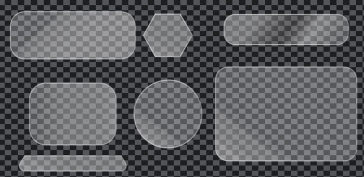 Set of frosted glass ui with rounded rectangles, hexagon, and circle shapes on a dark transparent grid background