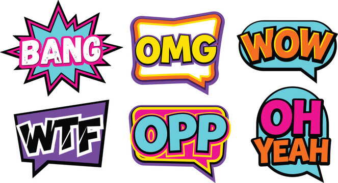 Colorful Pop Art Comic Book Speech Bubble Vector Set with Vibrant Slang Expressions BANG OMG WOW WTF OPP and OH YEAH