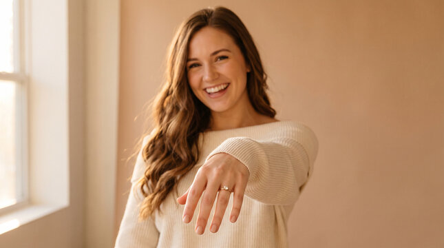 Happy young woman showing her engagement ring