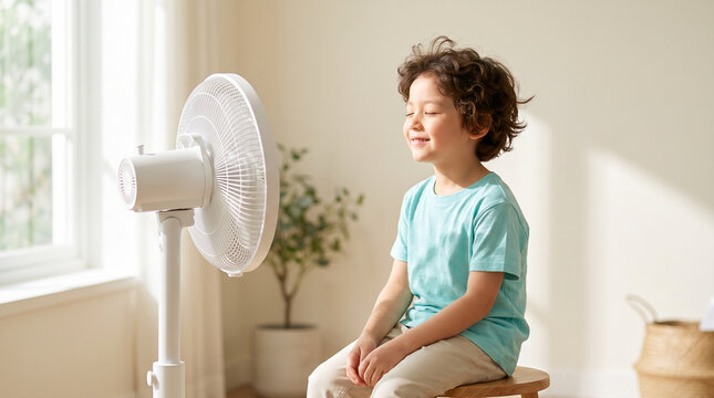 Boy enjoying cool breeze from electric fan indoors