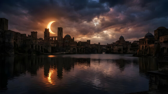 Ancient city eclipse reflection