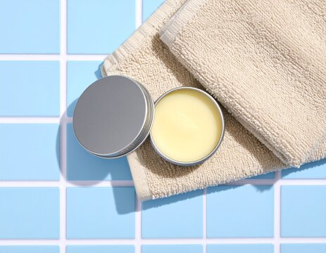 Opened cosmetic lip balm metal tin near beige bath towel on bathroom countertop with blue tiled floor, top view with copy space. Skincare and personal care concept