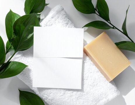 Mockup of beige solid soap bar with blank paper label near green leaves on white bath towels. Unbranded product on neutral background with copy space. Personal care and spa context