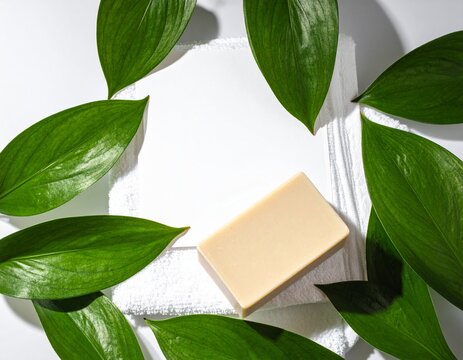 Mockup of beige solid soap bar with blank paper label near green leaves on white bath towels. Unbranded product on neutral background with copy space. Personal care and spa context
