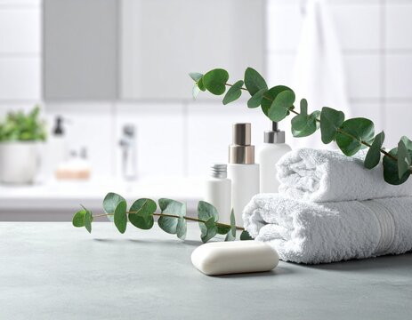 Clean towels, soap bar, cosmetic products and eucalyptus branch on light grey table