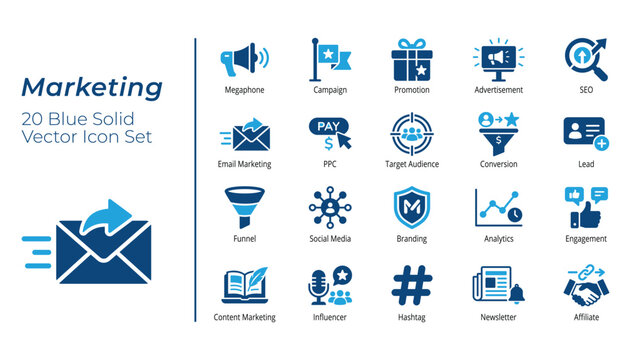 Marketing Icon Set, Megaphone, Email Marketing, PPC, SEO, Funnel, Social Media, Branding, Influencer, Modern Flat Vector Icon Bundle