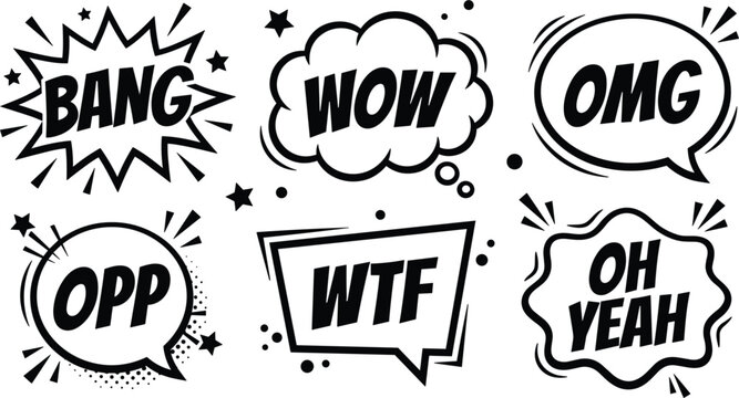 Black and White Comic Book Speech Bubble Vector Set with Vintage Retro Slang Expressions BANG WOW OMG OPP WTF and OH YEAH