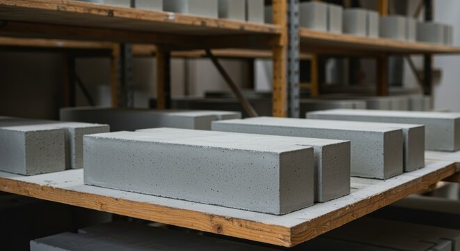 Concrete blocks drying on wooden table in warehouse with industrial shelving