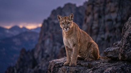 Fototapeta premium Front facing mountain lion perched alertly on a rugged rocky cliff at dusk