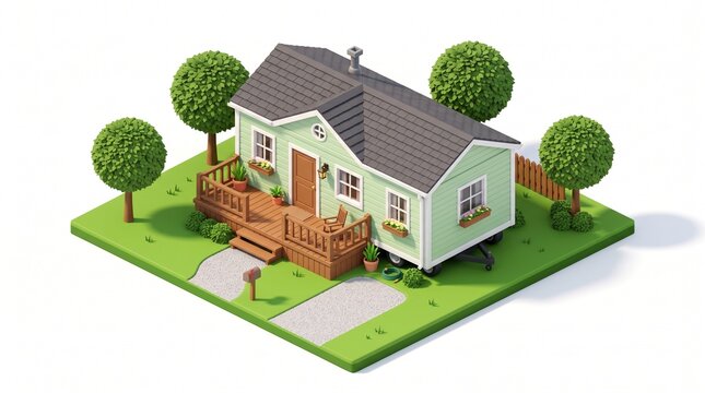 Isometric green mobile home featuring dual gravel paths and a front wooden porch