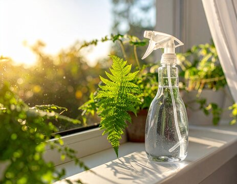 Clear spray bottle filled with water sits on a sunlit windowsill next to a lush green fern, creating a peaceful and inviting indoor gardening scene