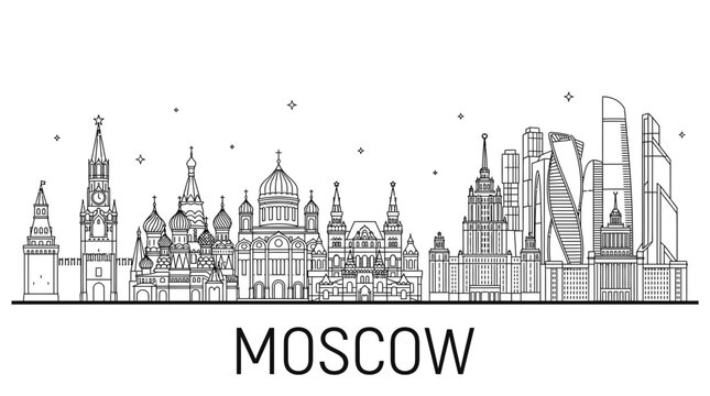 Moscow city skyline linear drawing with Kremlin and skyscrapers.
