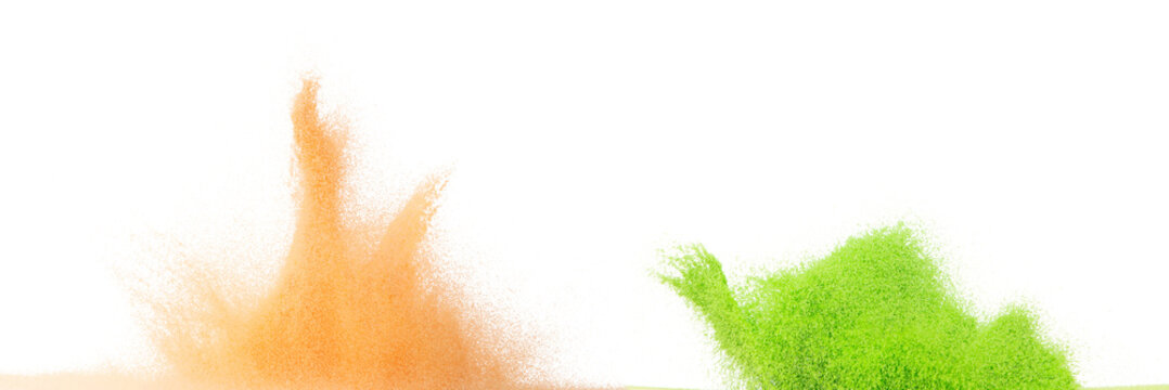Small size orange green Sand flying explosion, fruit sands grain wave explode. Abstract cloud fly. Orange green colored sand splash throwing in Air. White background Isolated high speed shutter