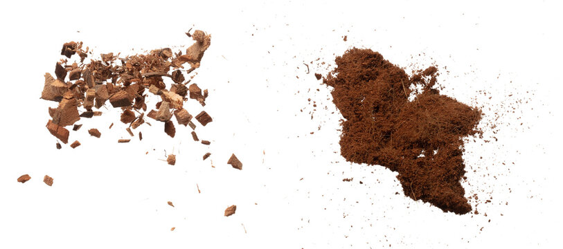Coconut peel husk flying explosion, coconut chopped big L size abstract cloud fly. Coconut shell peel fertilizer splash throwing in Air. White background Isolated high speed shutter, freeze action