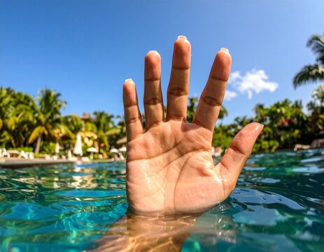 Hand of unrecognizable female tourist swimming in clean pool water during summer vacation in tropical hotel