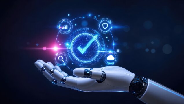 Cybernetic robotic hand supporting glowing digital check mark symbol with various function icons for quality assurance and secure cloud service verification.
