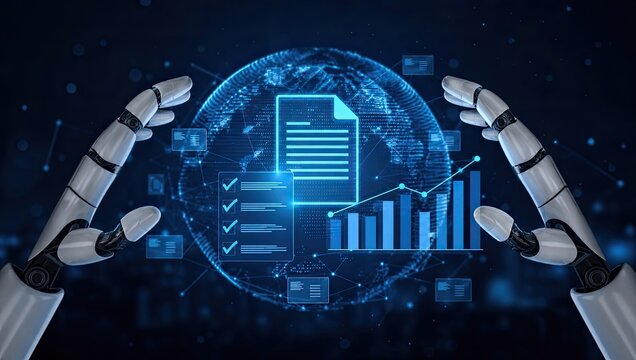 Robotic hands holding digital document with data charts and checklist globe background for automated business analytics and document management system concepts.