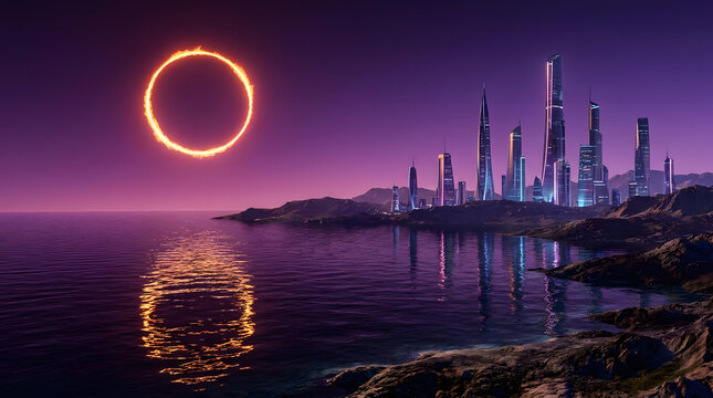 Annular eclipse over futuristic neon city by the ocean
