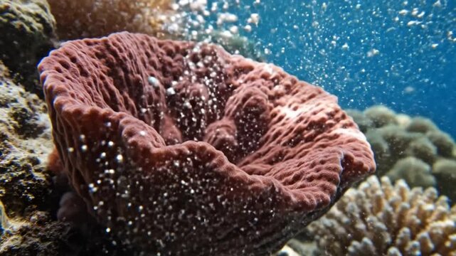 Close-up underwater view of a large purple barrel sponge releasing bubbles.