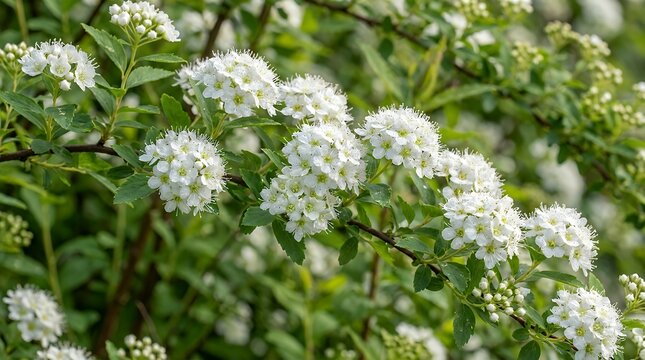 Intricate Botanical Close View of Blooming White Spirea Petals Flourishing along Lush Leafy Branches spirea flowers white bloom blossom petals nature spring floral green branches garden botanical