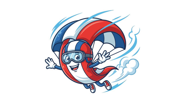 Cartoon character skydiving with red and blue parachute.