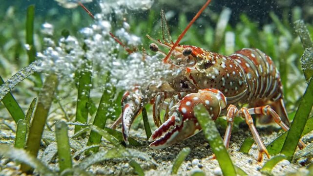 Underwater view of a spiny lobster moving through seagrass.