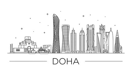 Fototapeta premium Minimalist Doha city skyline line art landmarks.