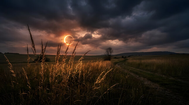 Annular solar eclipse glowing through clouds over rural meadow.