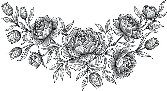 Elegant curved floral bouquet vector illustration featuring highly detailed peony blossoms and rose buds in vintage linocut etching engraving style.