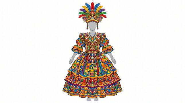 Ilustra&ccedil;&atilde;o de fantasia tradicional de maracatu com vestido colorido, cocar de penas e ornamentos do Carnaval de Pernambuco