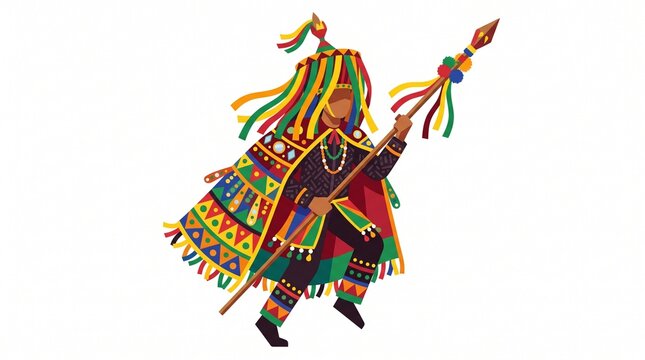 Ilustra&ccedil;&atilde;o colorida de Caboclo de Lan&ccedil;a do Maracatu Rural em pose tradicional com lan&ccedil;a e fitas vibrantes