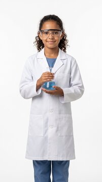 Three-quarter portrait of young girl wearing white lab coat and safety goggles holding science beaker filled with blue liquid on white background.