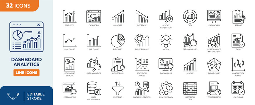 dashboard analytics icon set. Editable stroke. Vector illustration