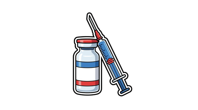 Medical vaccine vial and syringe sticker illustration.