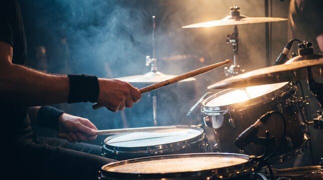 Musician playing drums with smoke and stage lights during a performance.